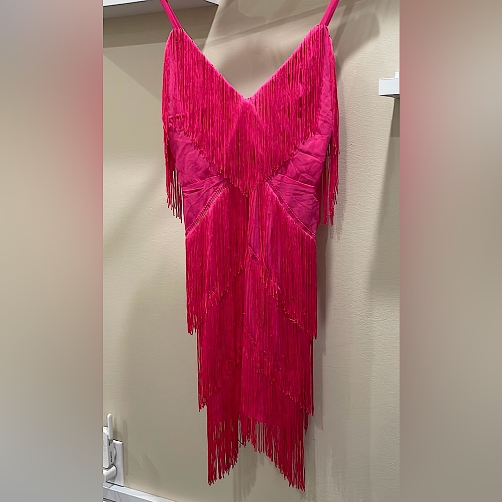 NWT raspberry fuscia hot pink tassel Gatsby dress deep v neck salsa dance 0
